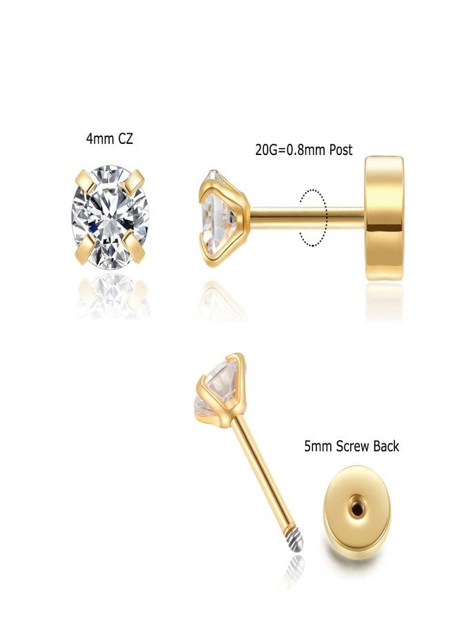 Renkovte 4mm CZ Flat Screw Back Stud Earrings,14K Gold Small Cubic Zirconia Earrings for Helix Cartilage Tragus Earlobe Piercing Jewelry Gift for Women(4mm CZ, Gold) - Image 2